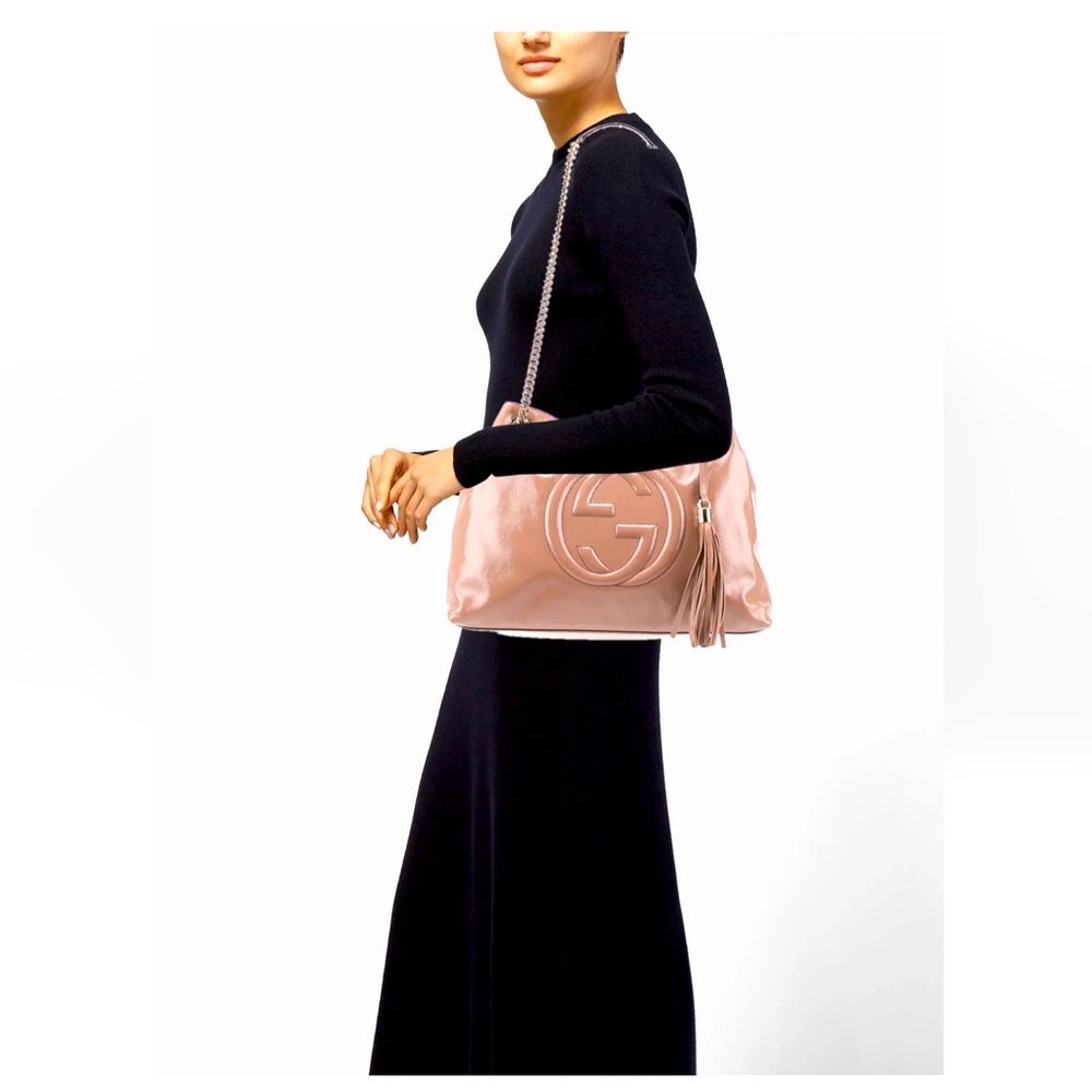 Gucci Soho Patent Leather Blush Large Bag with Chain strap and tassel